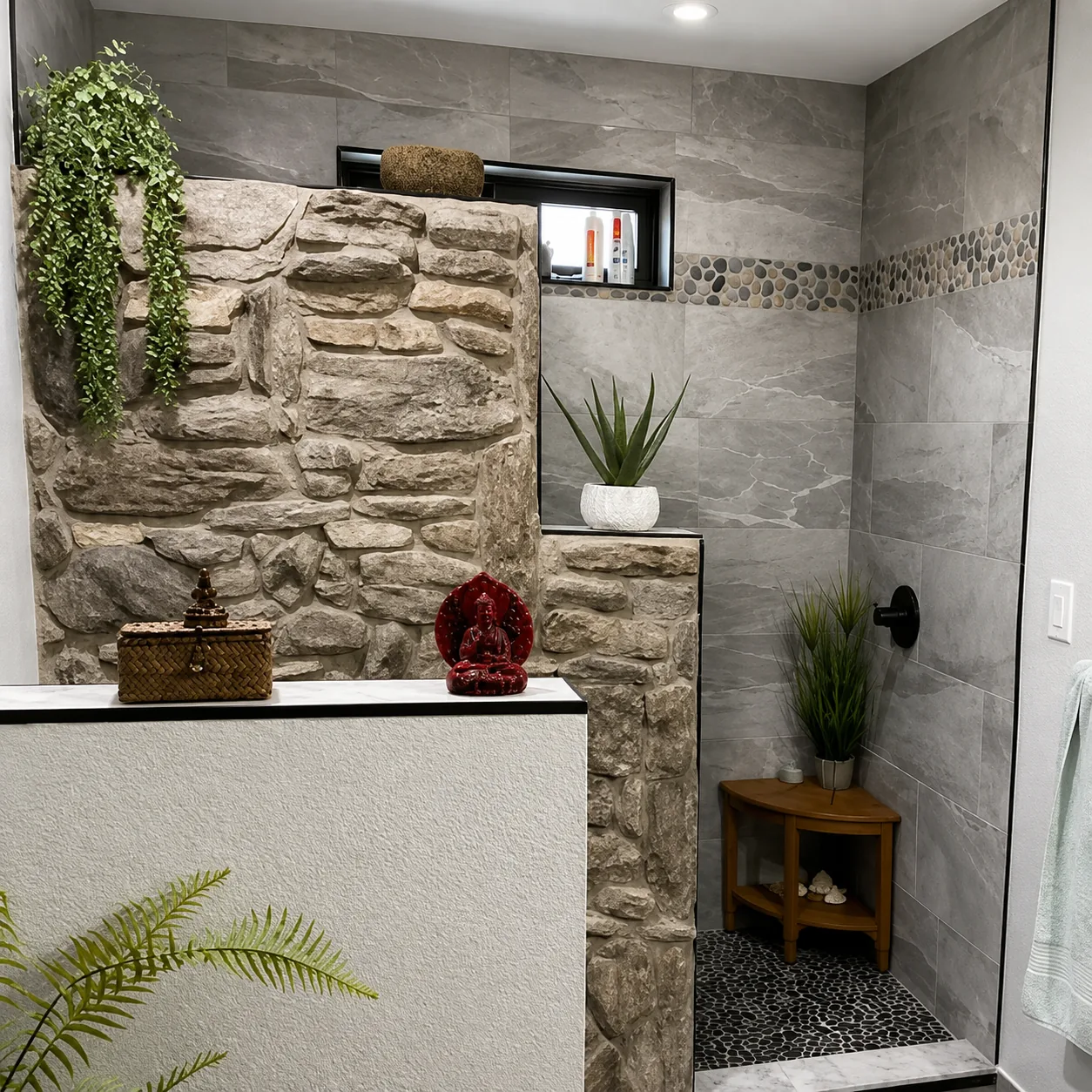Spa bathroom remodel with stone feature wall by L&J for a Fremont County homeowner